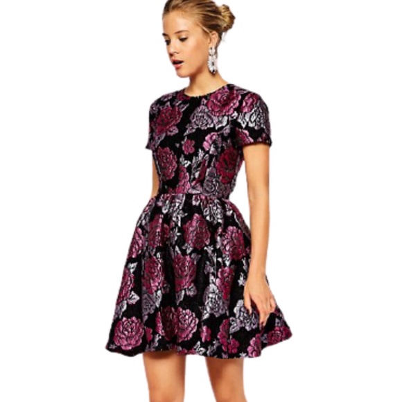 ASOS Structured Dolly Skater Dress Floral Black 0 - Picture 1 of 15